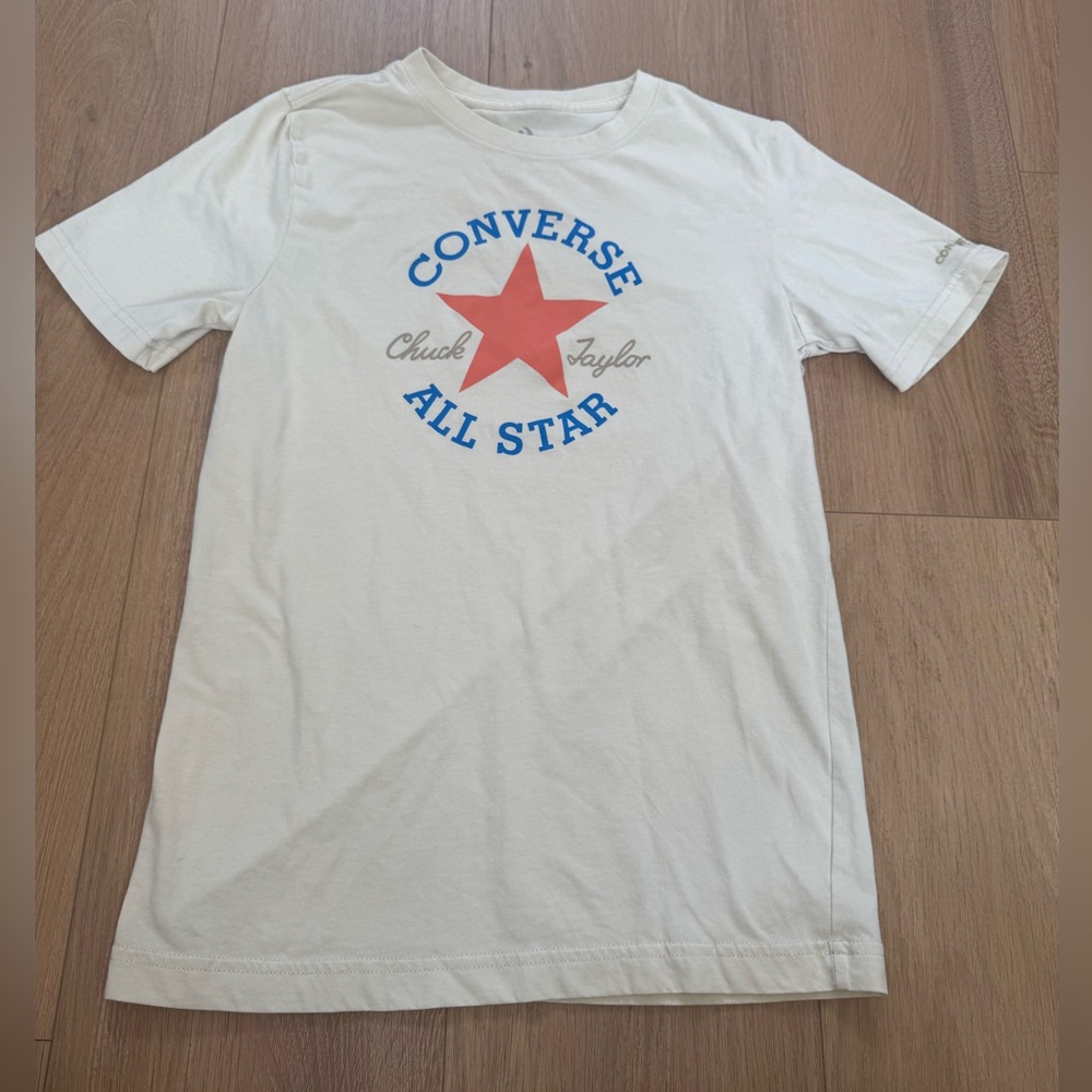 Converse All Star Boys Cream Graphic Tee with Red Star and Blue Text